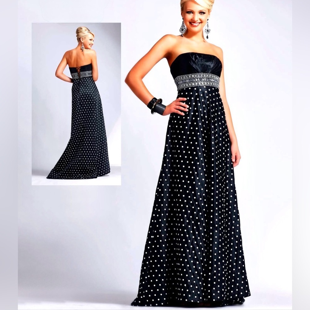 Jeweled Strapless Lace-Up Back Black and White Polka Dot Maxi Dress Size Small